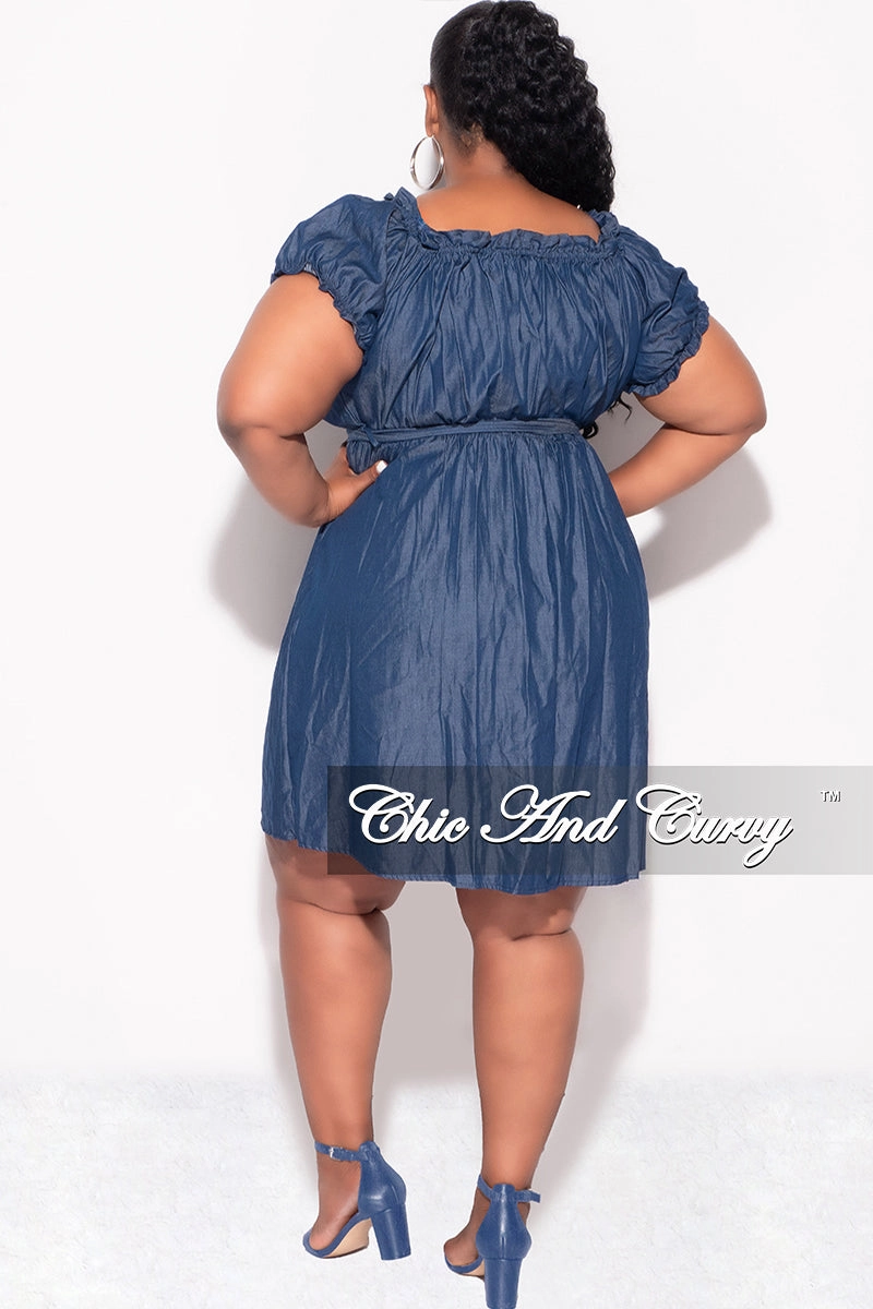 Double Stitched Final Sale Plus Size Off the Shoulder Dress with Tie in Chambray
