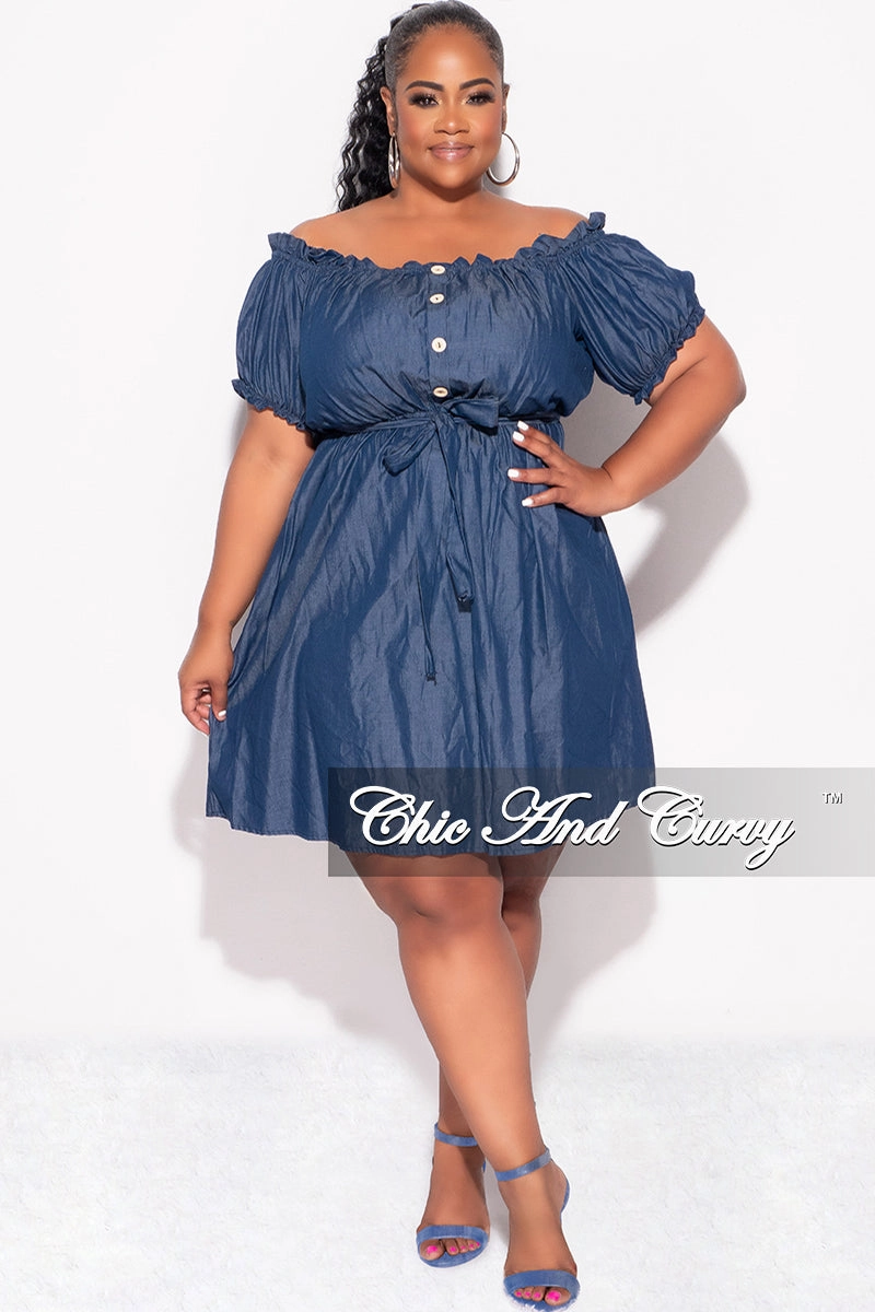 Casual Flex Final Sale Plus Size Off the Shoulder Dress with Tie in Chambray