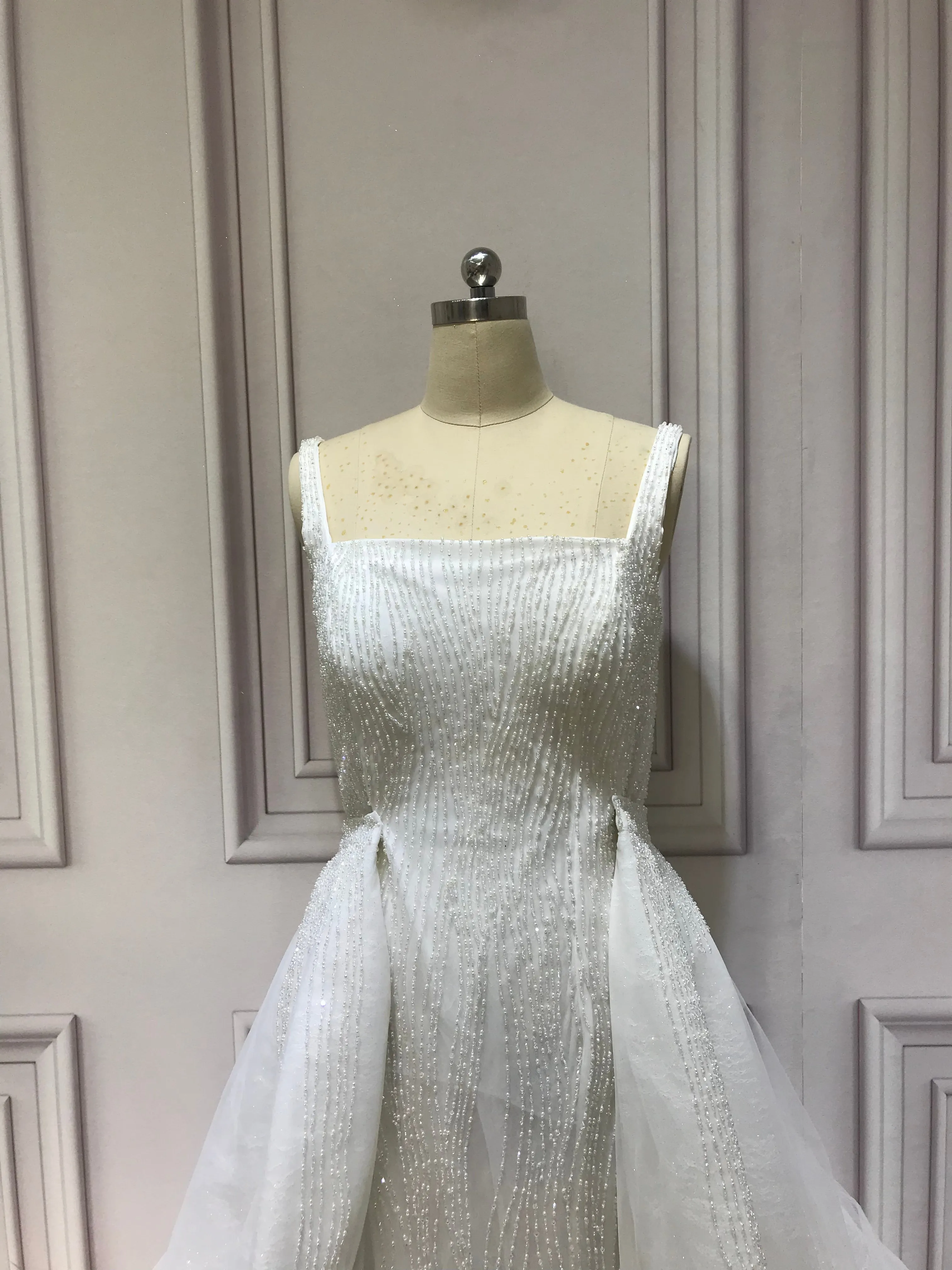 Spaghetti crystals pearls heavy fully beaded mermaid with detachable over skirt two pieces wedding dress 2023