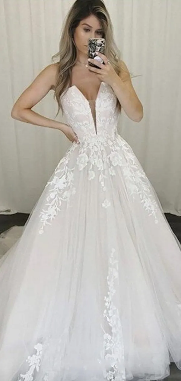 Spaghetti Long A-line Lace Tulle Wedding Gown, Modern Wedding Dresses, A-line Wedding Dresses