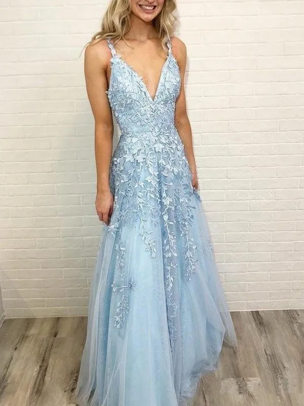 Spaghetti Straps A-line Prom Dresses Tulle Appliqued Gowns PD378