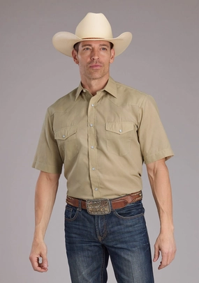 Roper Mens 2445 Broadcloth Tan Cotton Blend S/S Shirt No Slip Shoulder Grip Casual Essential