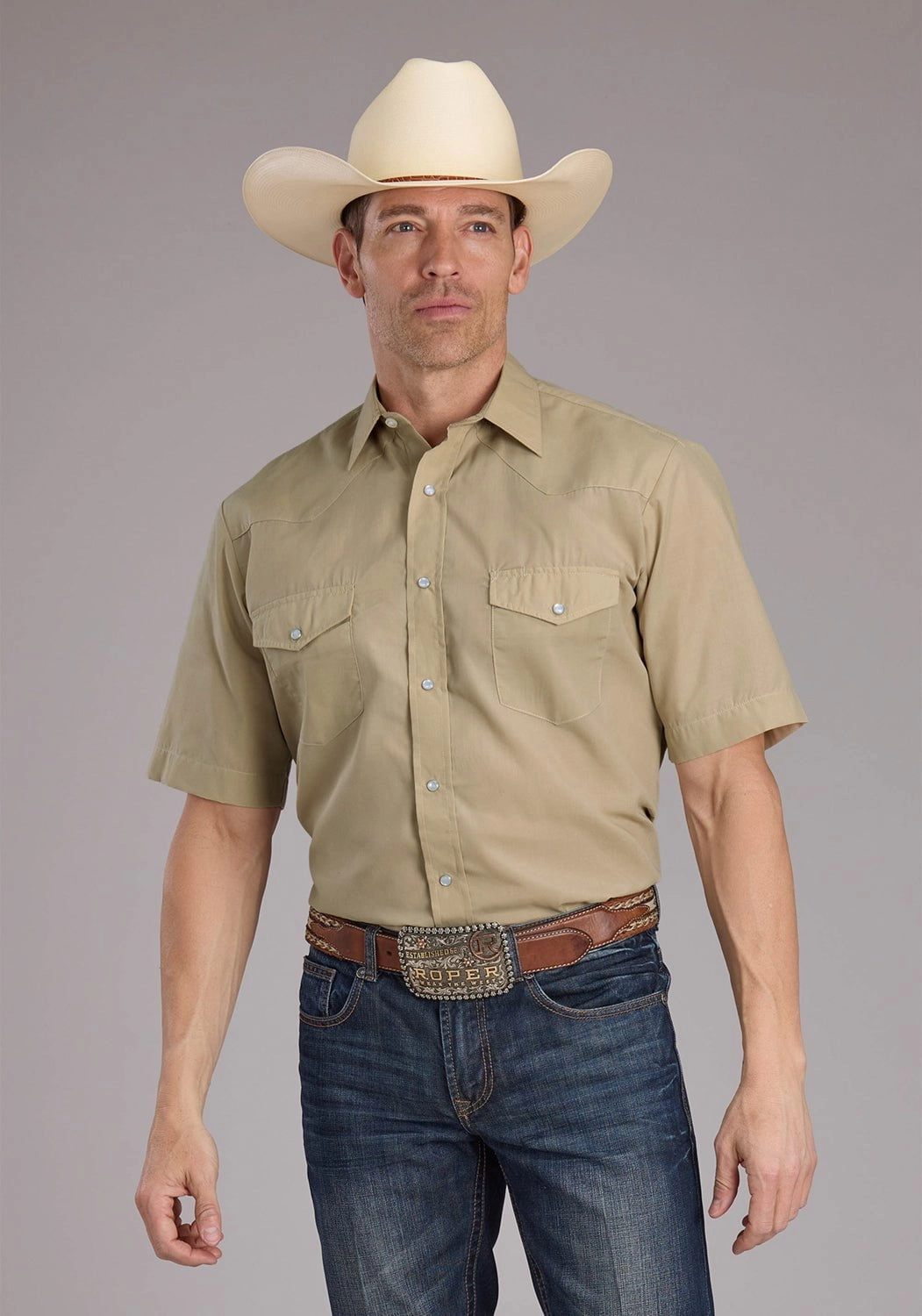 Business casual Roper Mens 2445 Broadcloth Tan Cotton Blend S/S Shirt