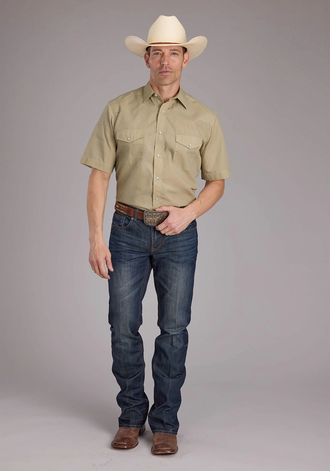 Reinforced Collar Roper Mens 2445 Broadcloth Tan Cotton Blend S/S Shirt