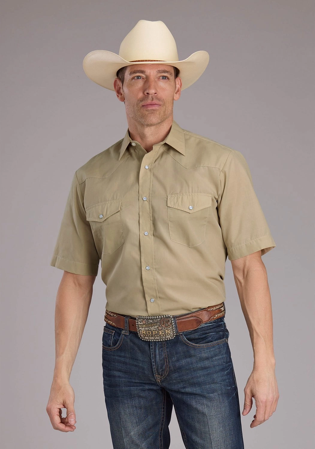 Roper Mens 2445 Broadcloth Tan Cotton Blend S/S Shirt No Slip Shoulder Grip Casual Essential