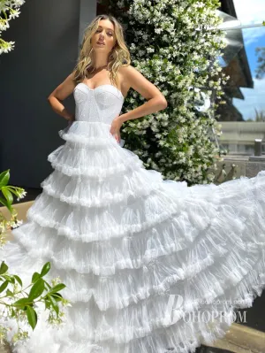 Sparkly Tiered Tulle Sweetheart Neckline Prom Dresses A-line Long Princess Dress PD748