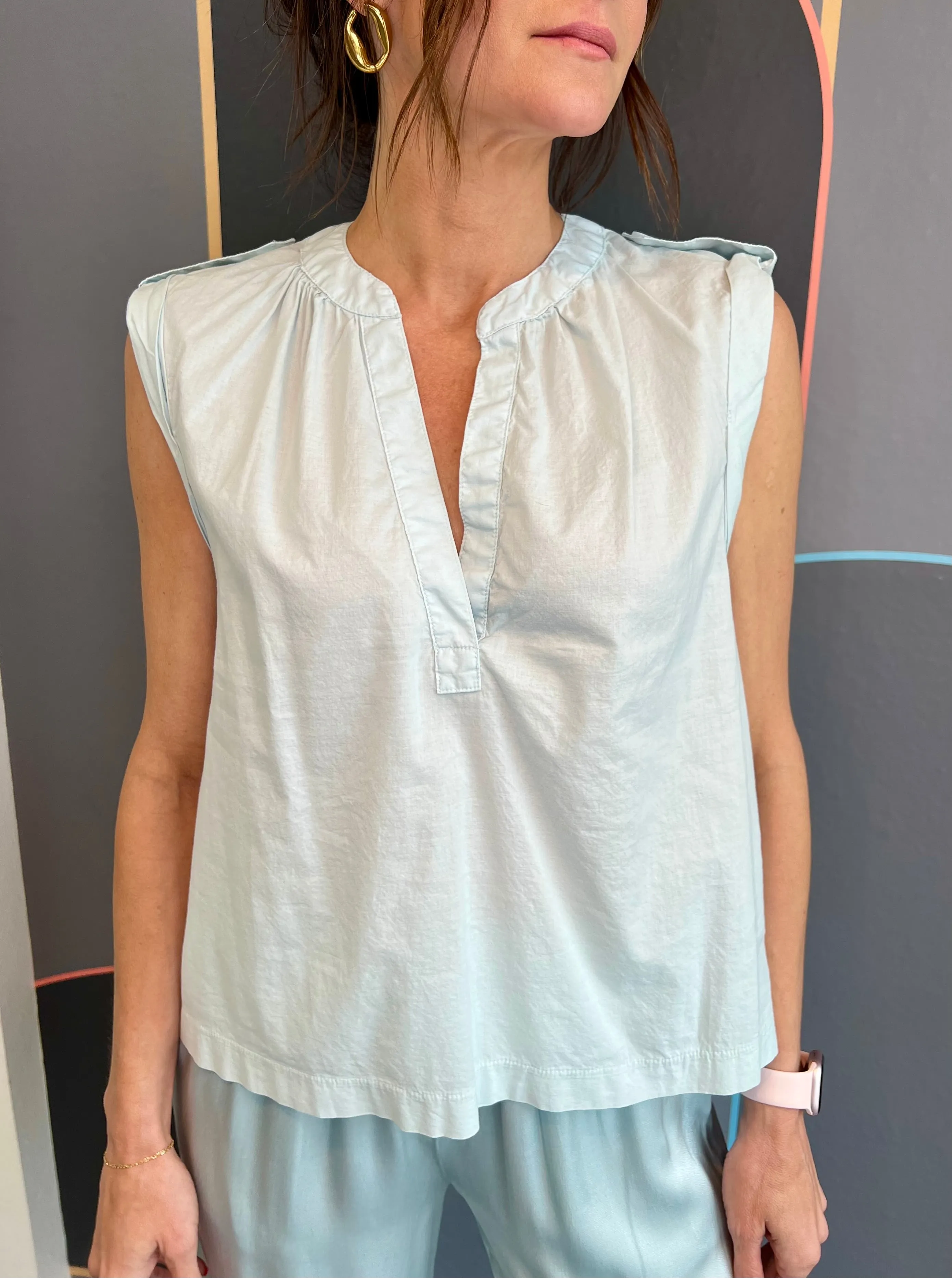 Eco Friendly Dye VentilatedArmholes Split Neck Tab Sleeveless Top