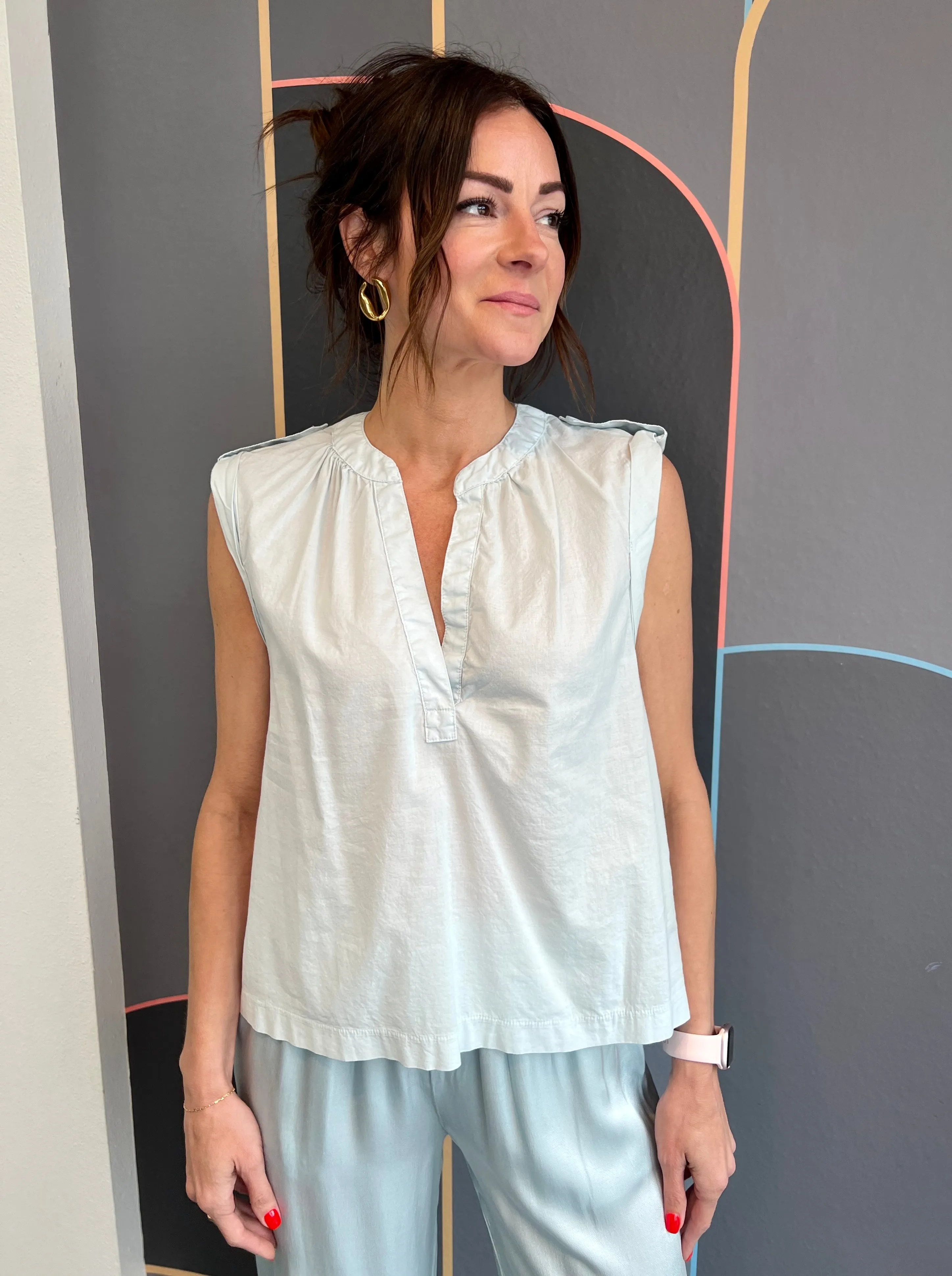 Split Neck Tab Sleeveless Top Hidden Zipper Closure