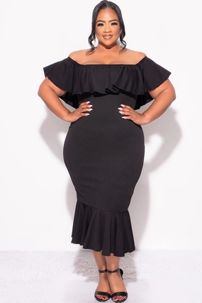 Final Sale Plus Size Off the Shoulder Ruffle Dress in Black Sport Comfort Fit
