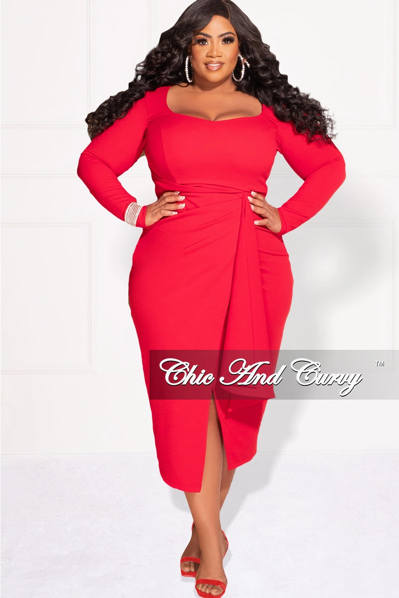 Multi-Purpose Wear Available Online Only - Final Sale Plus Size BodyCon Dress with Wrap Skirt in Red