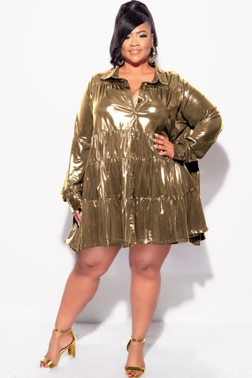 Final Sale Plus Size Shirt Dress in Metallic Gold Cozy Essentials Feminine Cut