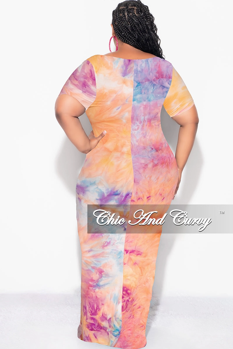 Final Sale Plus Size Short Sleeve Deep Scoop Neck Maxi Dress in Rainbow Sherbet Tie Dye NonChafingLegs