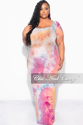 Final Sale Plus Size Short Sleeve Deep Scoop Neck Maxi Dress in Rainbow Sherbet Tie Dye Layered Style Lounge-friendly