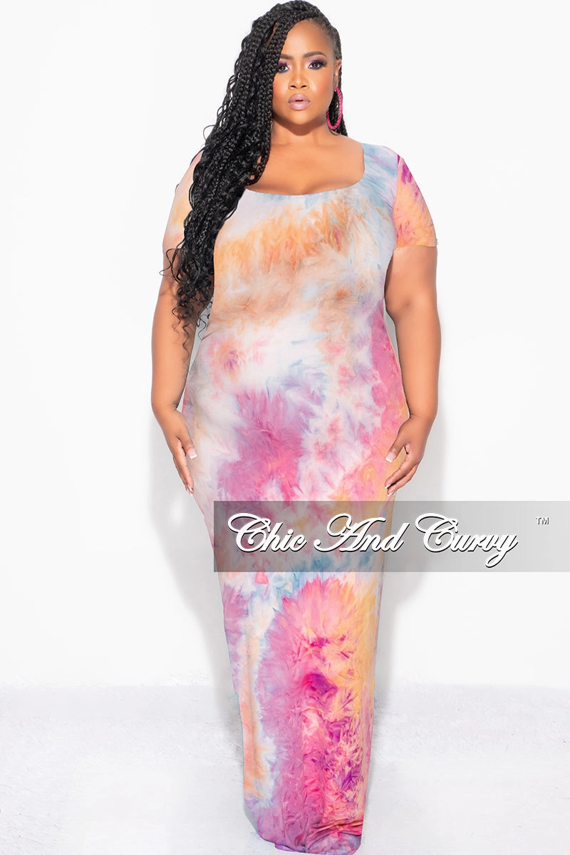 Final Sale Plus Size Short Sleeve Deep Scoop Neck Maxi Dress in Rainbow Sherbet Tie Dye Chill Comfort Wear
