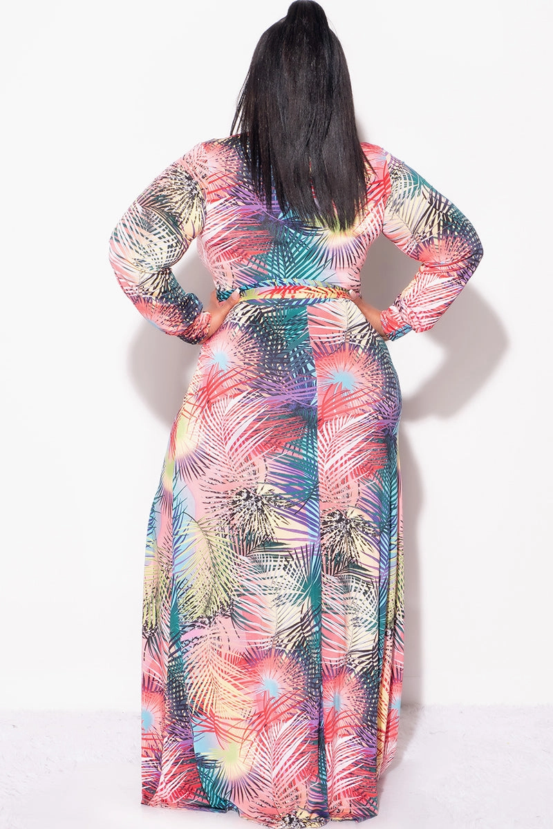 Final Sale Plus Size Faux Wrap Dress with Tie and High Slit in Palm Multi Color Design Print Abrasion Resistant Surface Breath Flex