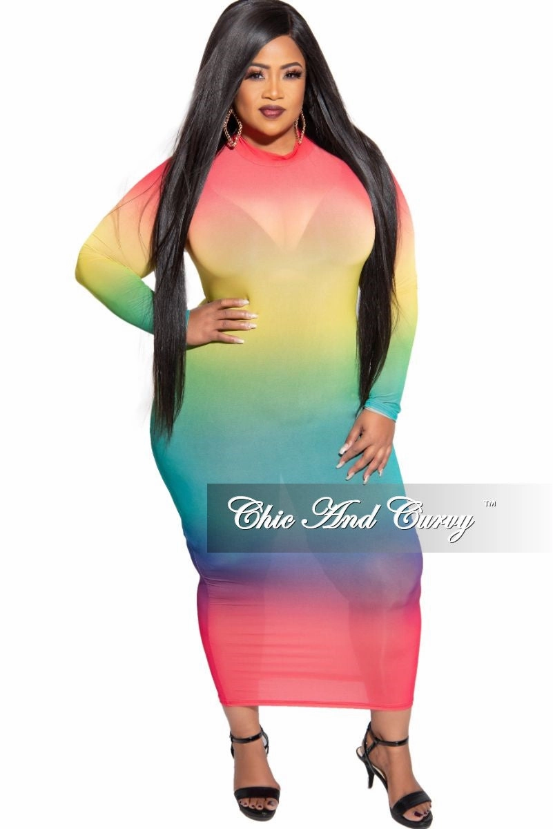 Final Sale Plus Size Sheer Mock Neck BodyCon Dress in Multi Color Tie Dye Print Active Design
