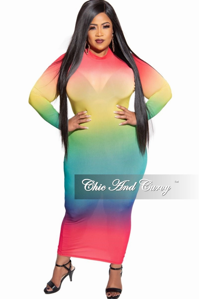 Final Sale Plus Size Sheer Mock Neck BodyCon Dress in Multi Color Tie Dye Print Corduroy texture Breathable wear