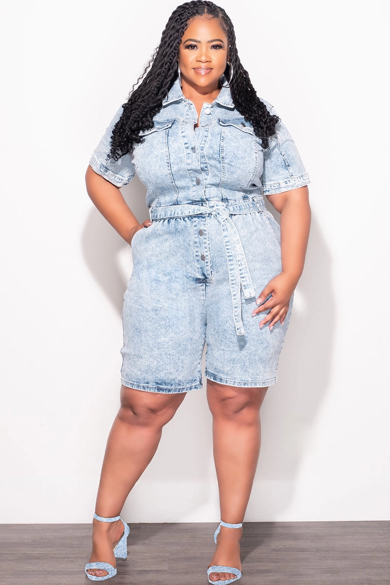 Final Sale Plus Size Collar Button Up Romper in Light Acid Wash FrictionResistantEdging Secure Closures