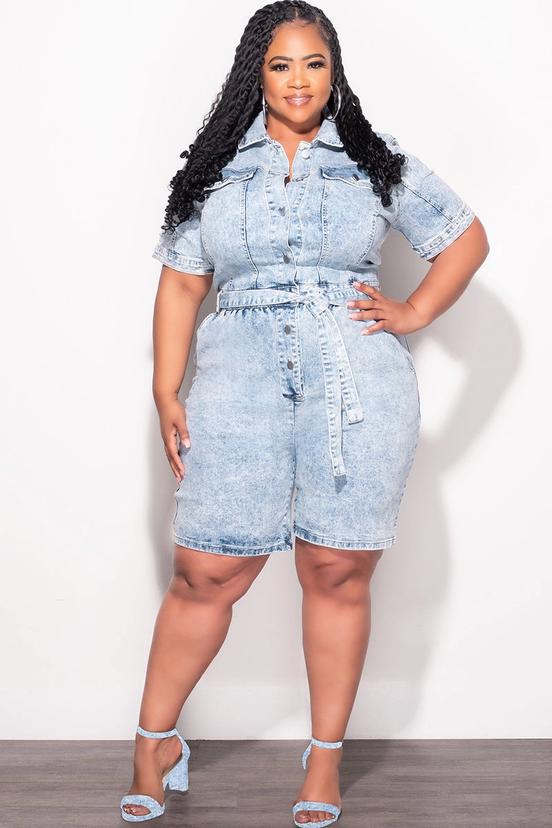 Final Sale Plus Size Collar Button Up Romper in Light Acid Wash Soft Fabric Body Contour