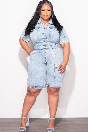 Final Sale Plus Size Collar Button Up Romper in Light Acid Wash FrictionResistantEdging Secure Closures