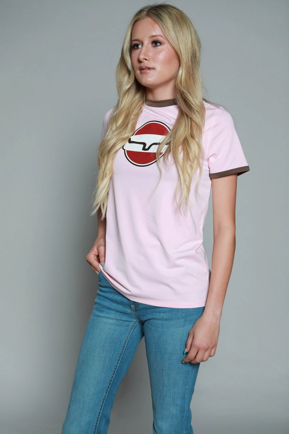 Kimes Ranch Womens Union Made Ringer Tee Blush Polyester S/S T-Shirt Lightweight Wear stain resistant coating