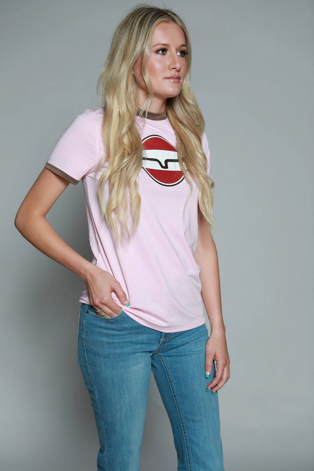 Kimes Ranch Womens Union Made Ringer Tee Blush Polyester S/S T-Shirt Compact Packing