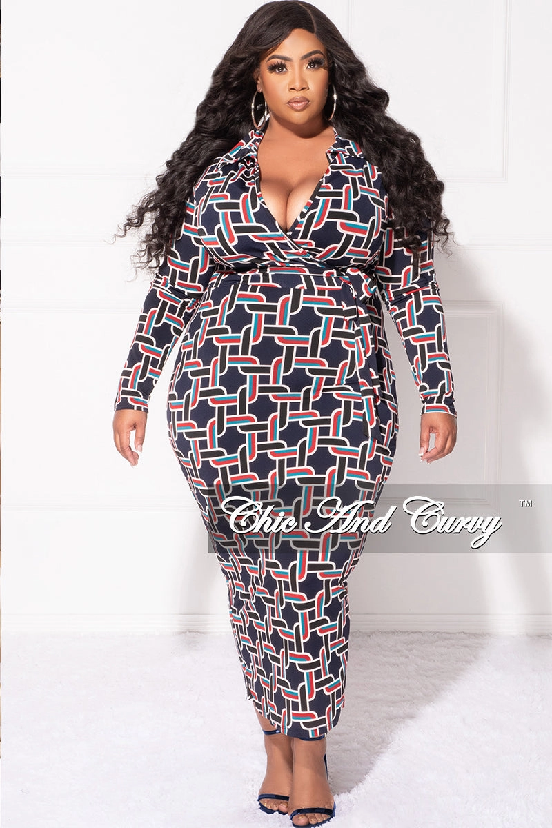 Final Sale Plus Size Collar Faux Wrap Midi BodyCon Dress in Navy Multi Color Design Print Urban Cool Base Layer