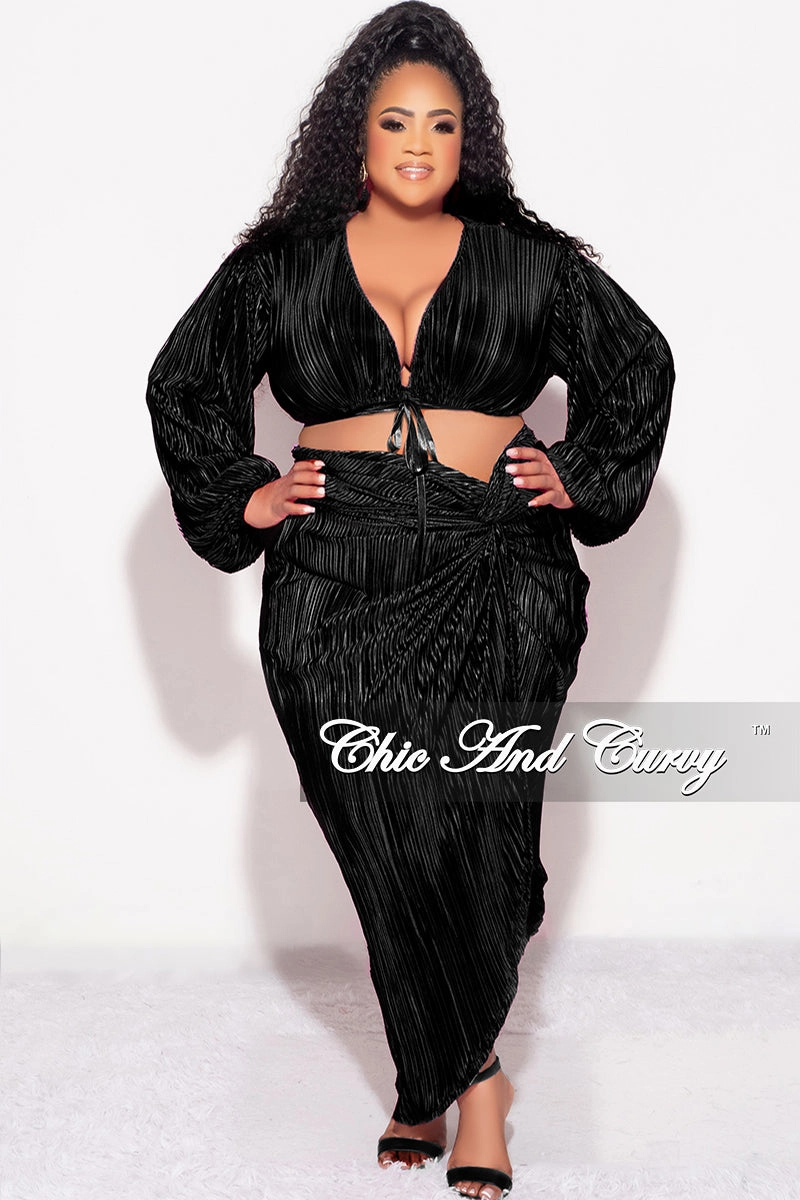 Final Sale Plus Size 2pc Pleated Crop Tie Top & Wrap Skirt Set in Black Dark wash Essential Comfort Wear