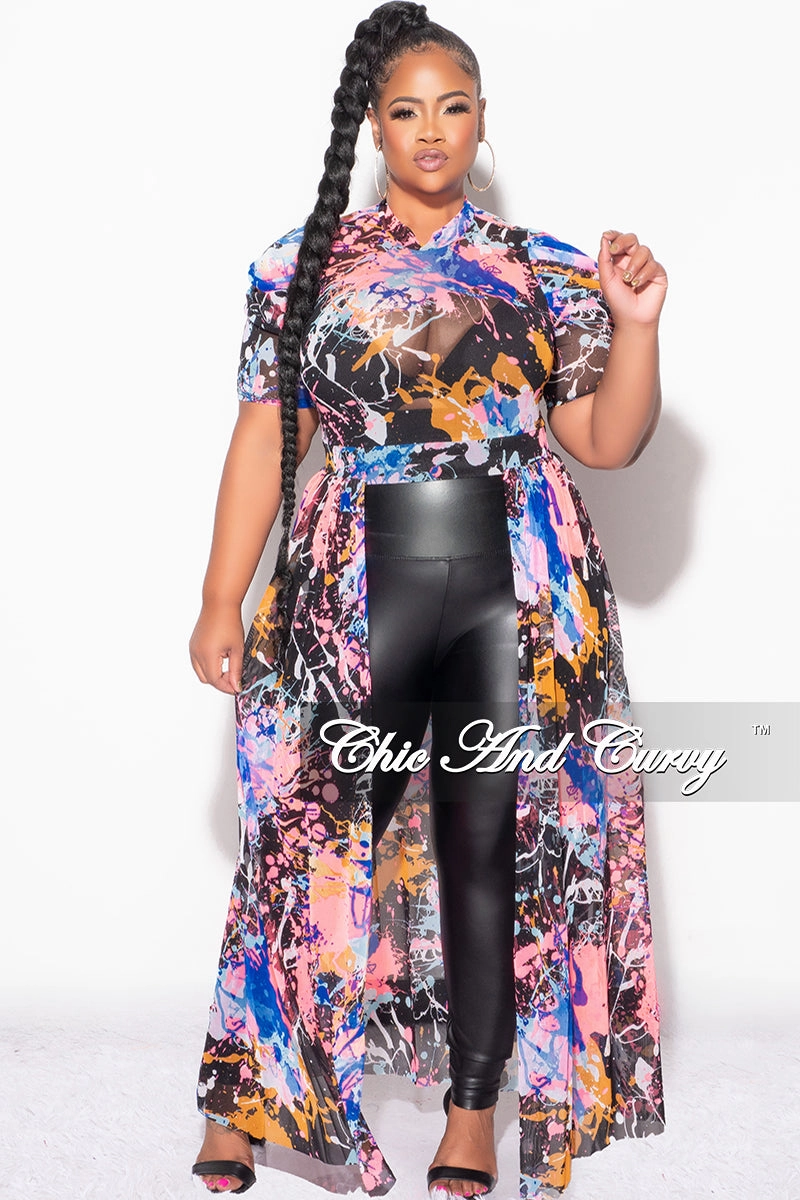 Final Sale Plus Size Mesh Top with Train in Royal Blue Multi Color Print Lounge-friendly