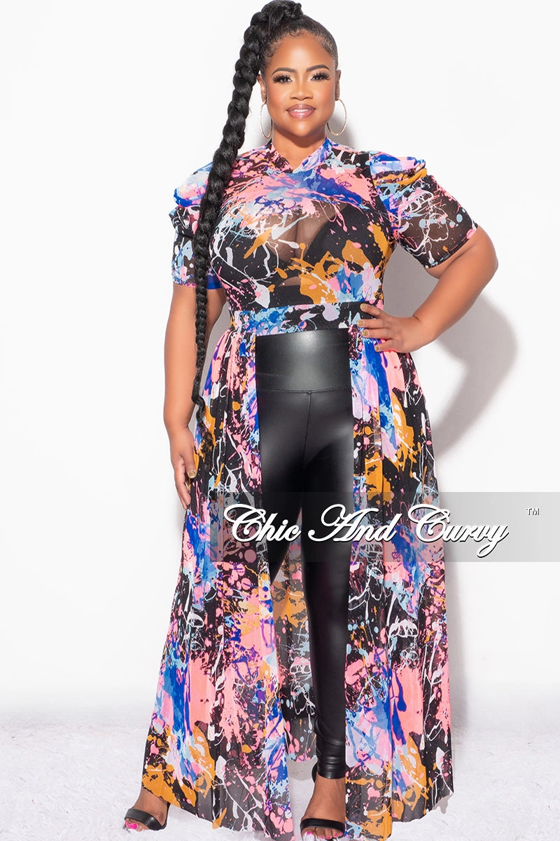 Seamless Waist Technology Day Wear Final Sale Plus Size Mesh Top with Train in Royal Blue Multi Color Print