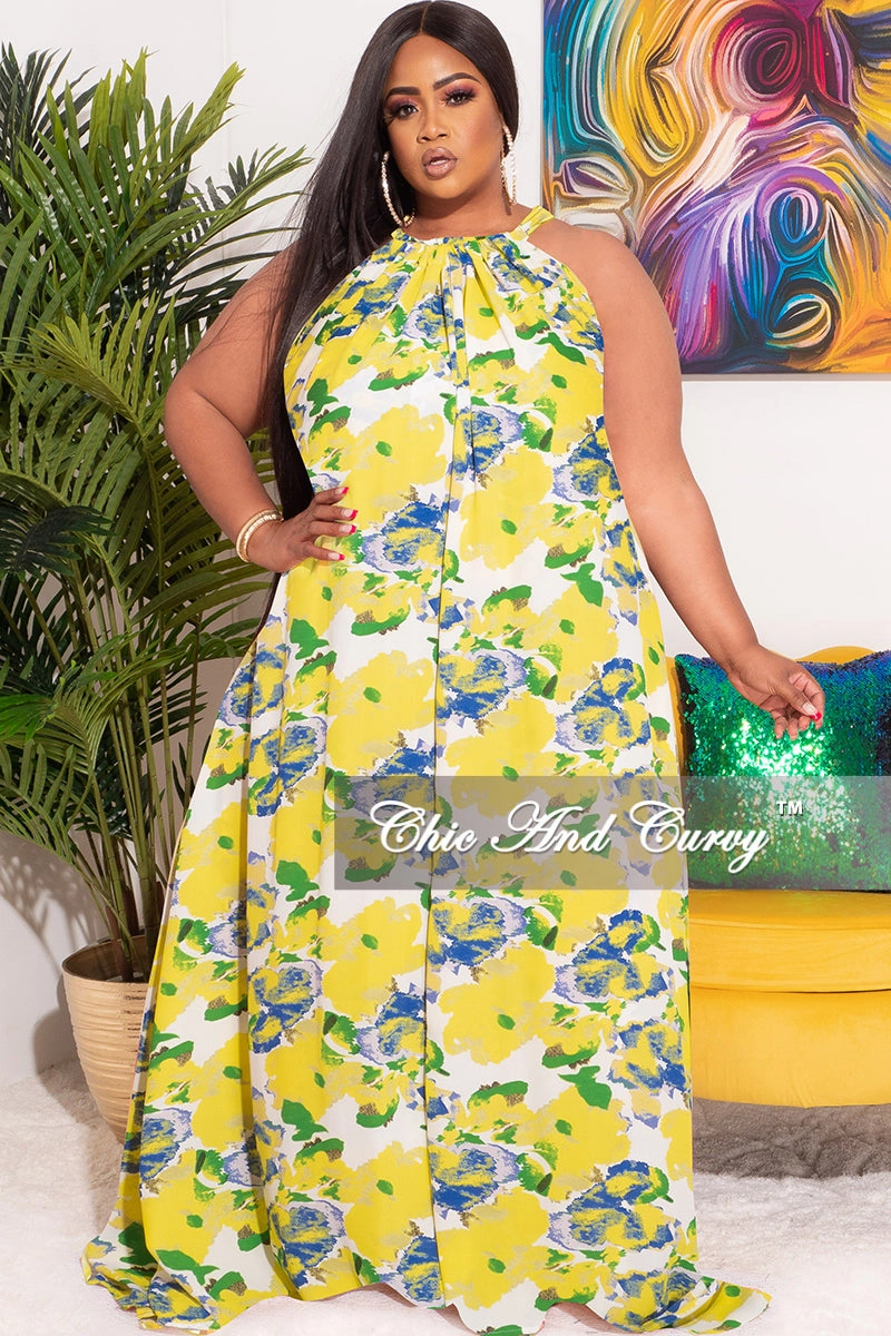Performance Design Fit Stretch Flex Final Sale Plus Size Long Halter Dress with Back Tie in Yellow, Blue & Green Floral Print