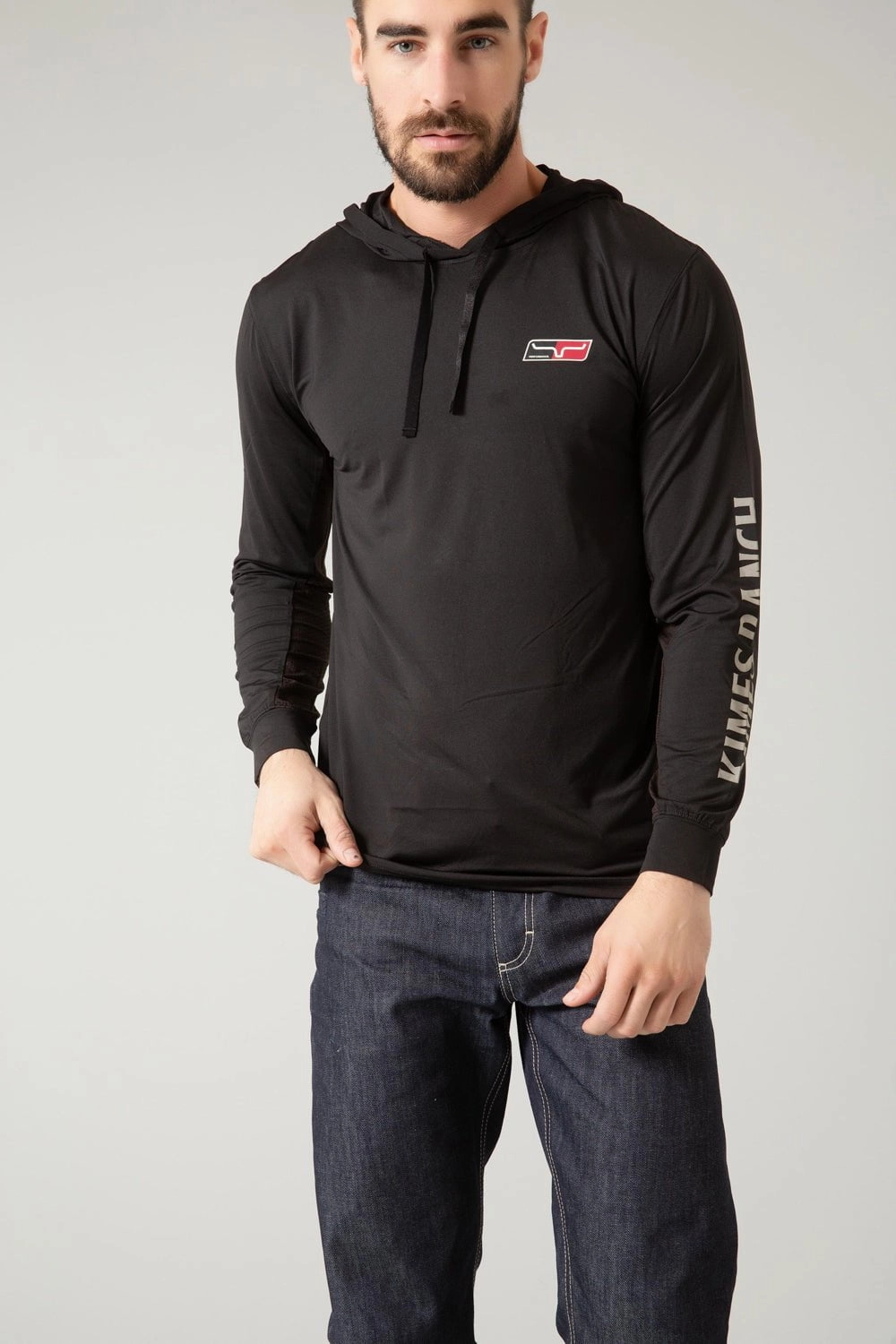 Kimes Ranch Mens Ninja Hood Tech Tee Black Poly/Spandex L/S T-Shirt Comfortable Design QuickDry Material