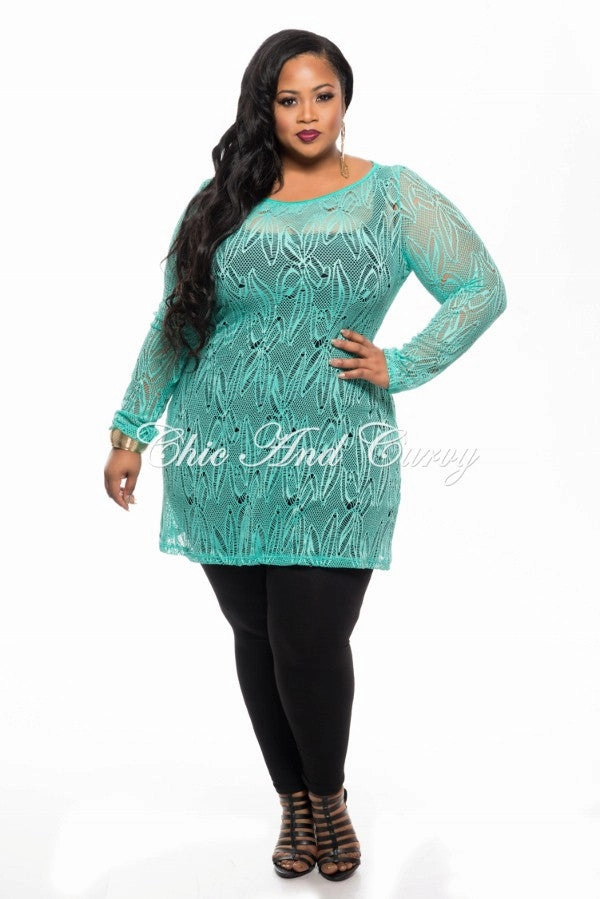 Stretch Waist Hip Friendly Pockets Final Sale Plus Size Long Sleeve Lace Netting Design Top in Jade