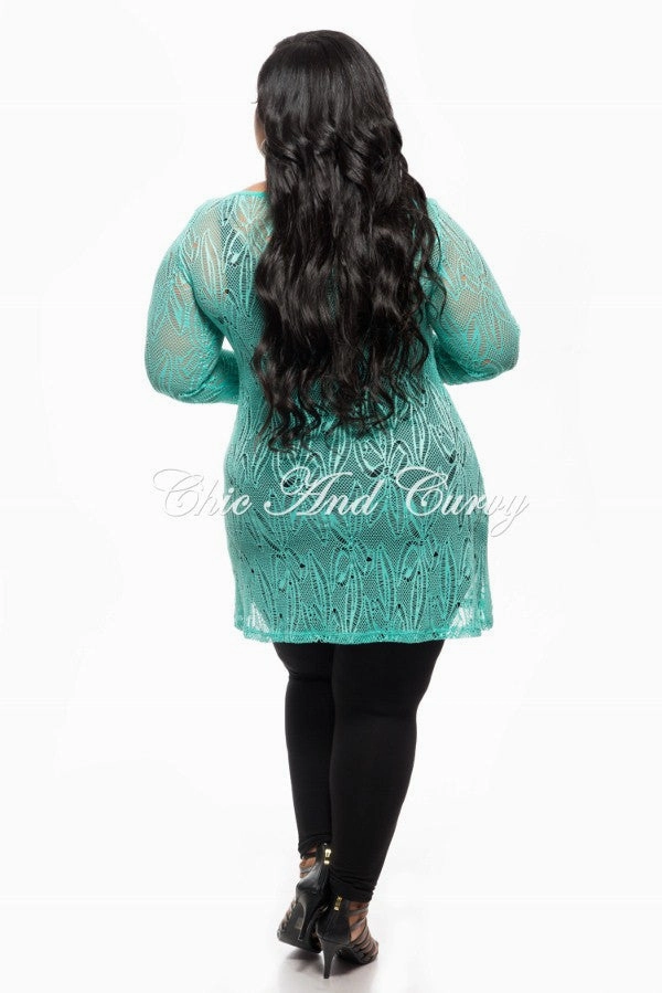 ReflectiveTrim Outfit Staple Final Sale Plus Size Long Sleeve Lace Netting Design Top in Jade