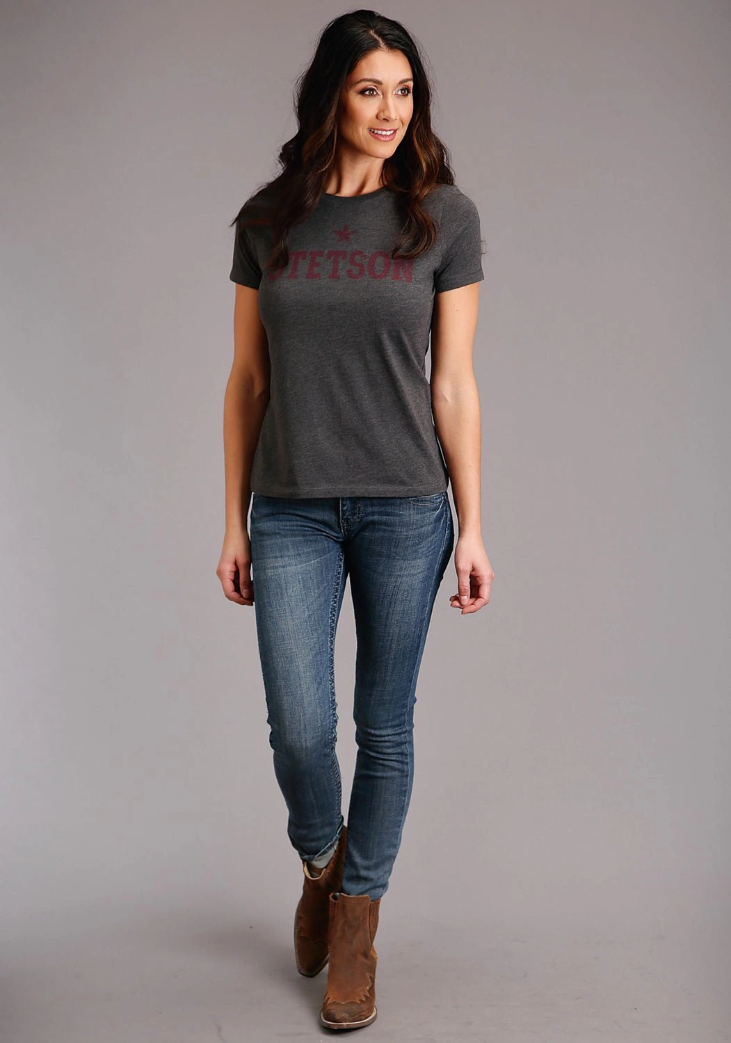 Premium Style Stetson Womens Dark Grey Cotton Blend Dark Red Star S/S T-Shirt