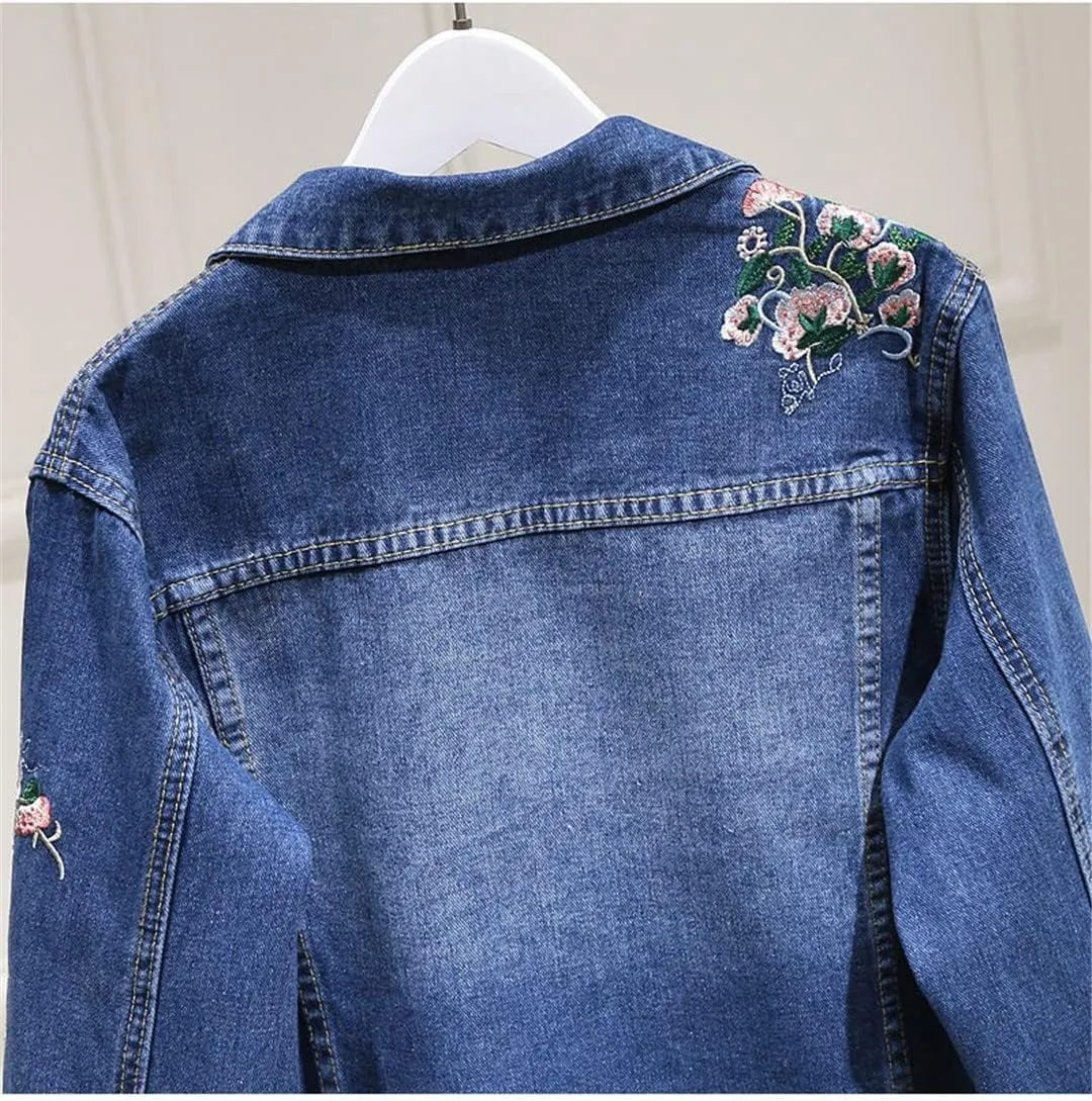 Spring Denim Coat Women Single Breasted Short Cowboy Jacket Single Breasted Embroidered Floral Jeans Jacket