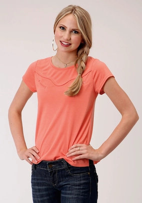Non Iron Roper Womens Coral Red Poly/Rayon Curved Yoke S/S T-Shirt