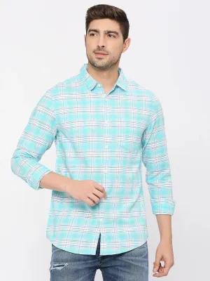 Spykar Men Bleached Aqua Slim Fit Cotton Checkered Shirt