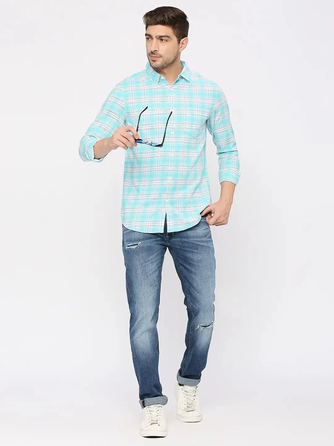 Spykar Men Bleached Aqua Slim Fit Cotton Checkered Shirt