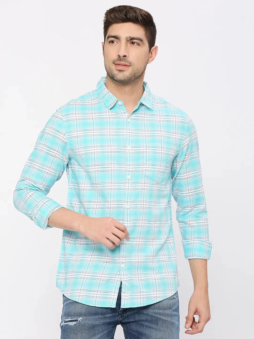 Spykar Men Bleached Aqua Slim Fit Cotton Checkered Shirt