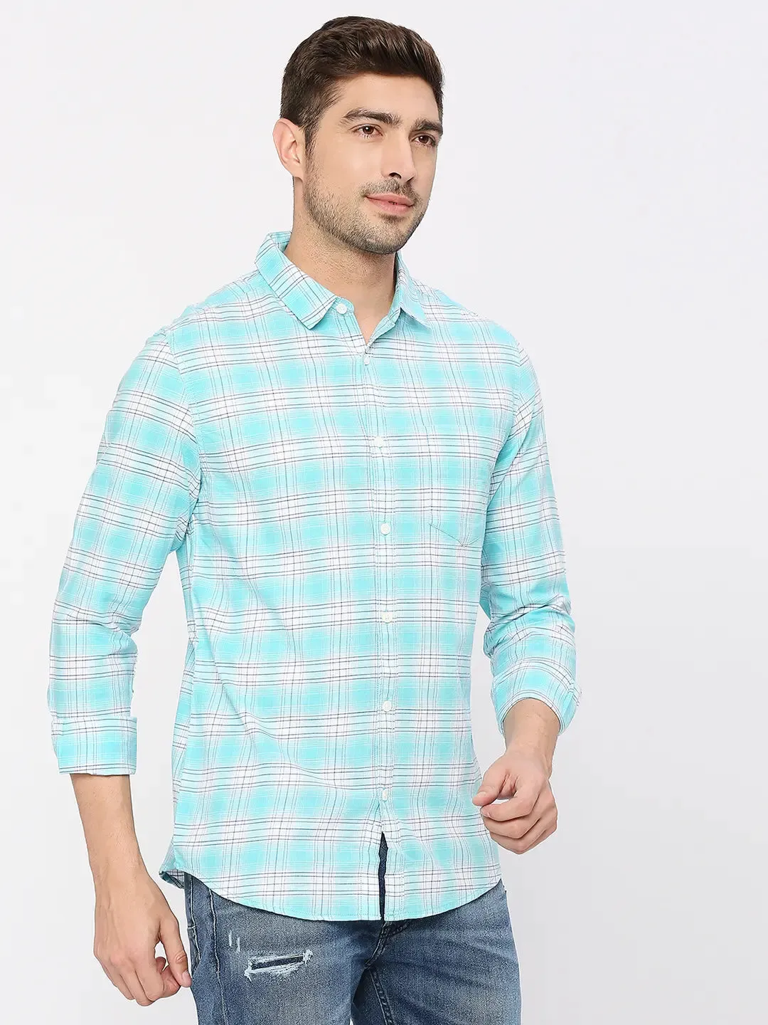Spykar Men Bleached Aqua Slim Fit Cotton Checkered Shirt