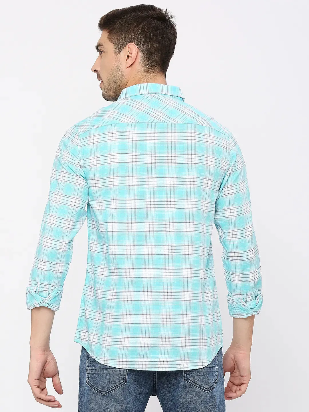 Spykar Men Bleached Aqua Slim Fit Cotton Checkered Shirt