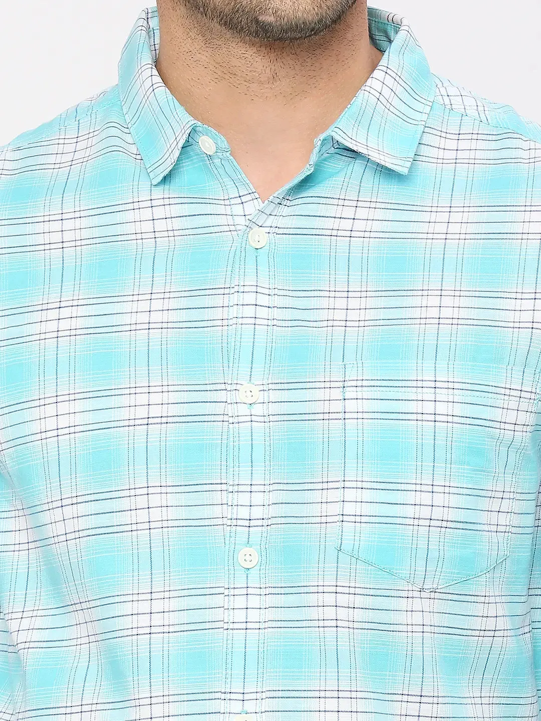 Spykar Men Bleached Aqua Slim Fit Cotton Checkered Shirt