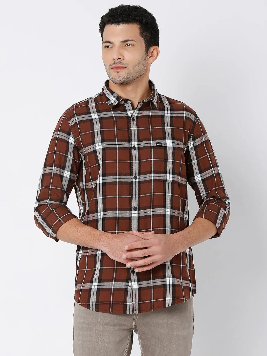 Spykar Men Brown Cotton Slim Fit Checkered Shirt