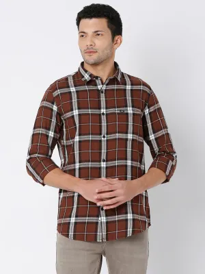 Spykar Men Brown Cotton Slim Fit Checkered Shirt