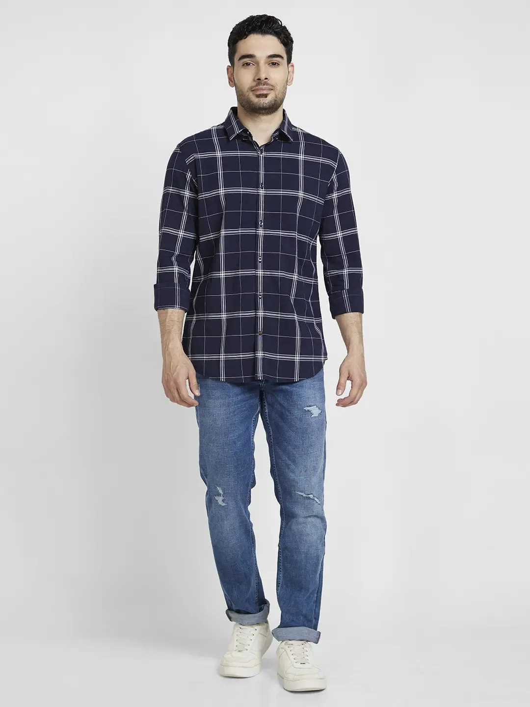 Spykar Men Navy Blue Cotton Regular Slim Fit Full Sleeve Checkered Shirt