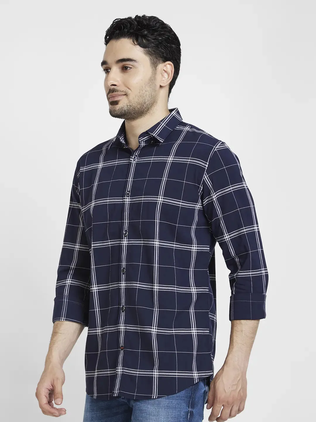 Spykar Men Navy Blue Cotton Regular Slim Fit Full Sleeve Checkered Shirt