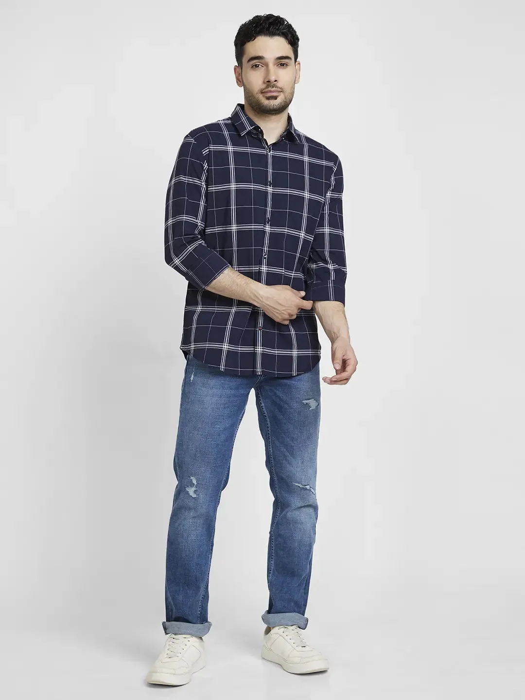 Spykar Men Navy Blue Cotton Regular Slim Fit Full Sleeve Checkered Shirt