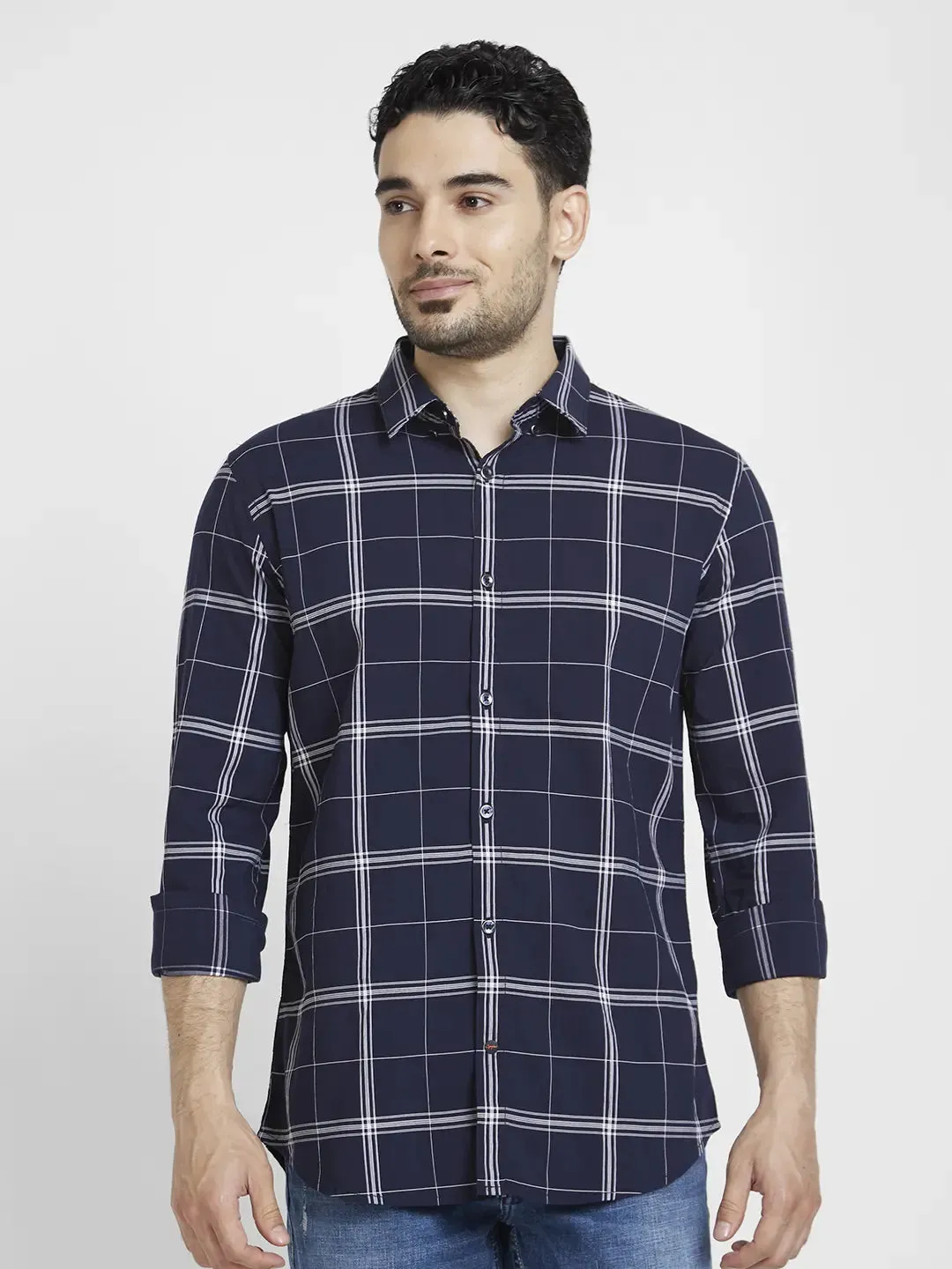Spykar Men Navy Blue Cotton Regular Slim Fit Full Sleeve Checkered Shirt