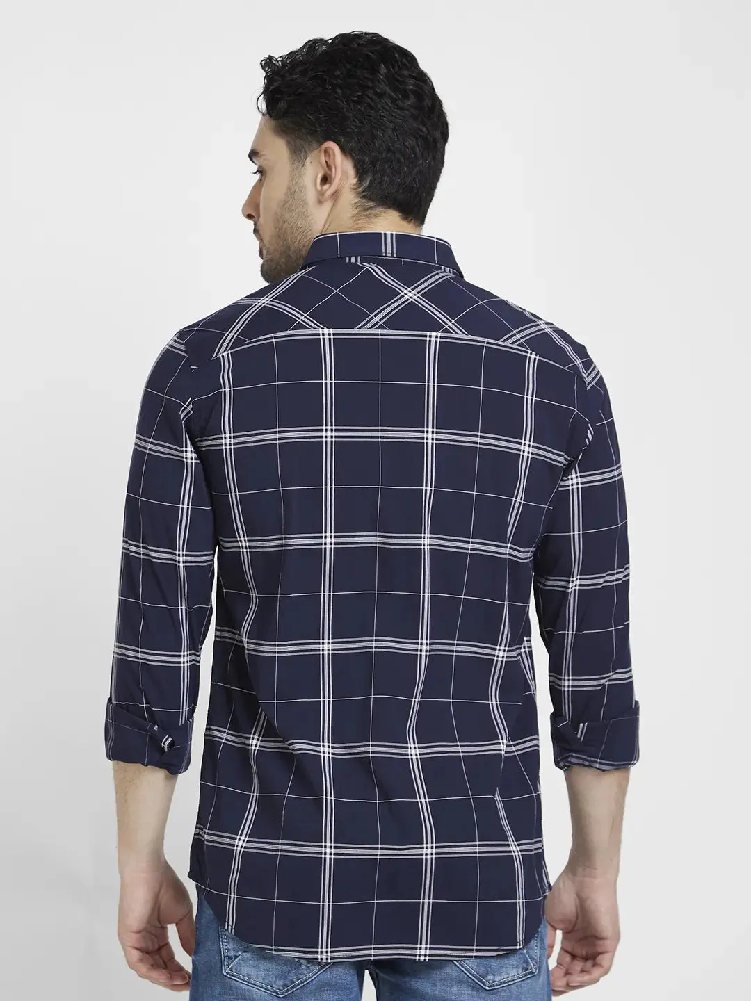 Spykar Men Navy Blue Cotton Regular Slim Fit Full Sleeve Checkered Shirt